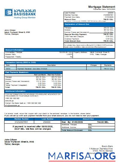 Downloadable Georgia Basis Bank mortgage statement scr example